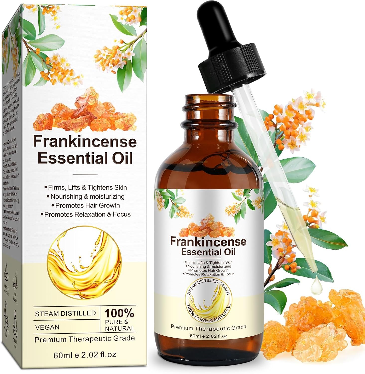 Premium Frankincense Essential Oil for Skin Face Body Wrinkles Scars, Therapeutic Grade 100% Natural Pure Frankincense Oil for Face Diffuser Aromatherapy Bath, Deeply Nourishing, Body Massage Oil 60ml