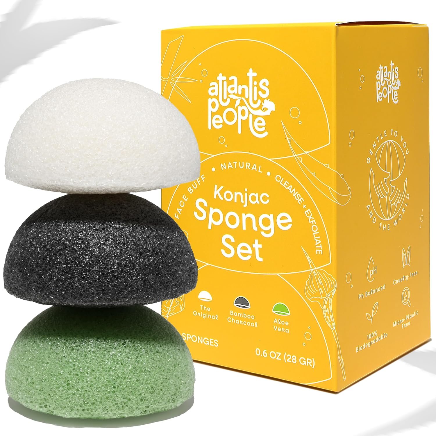 Large Konjac Face Sponge Set, Natural Facial Sponges – for Daily Face Cleansing and Gentle Exfoliation – with Konjac Roots, Bamboo Charcoal and Aloe Vera, 3pcs.