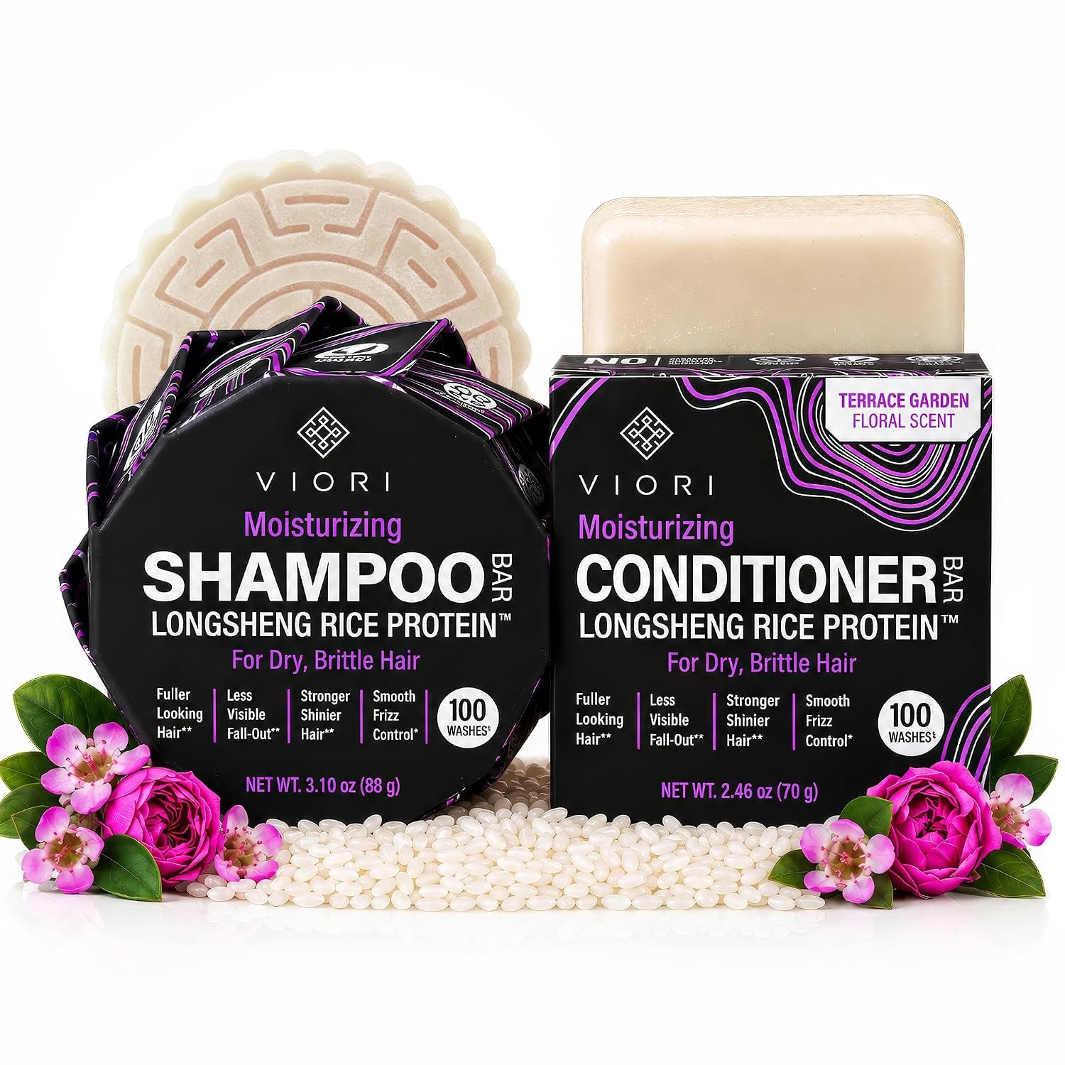 Viori Hydrating Shampoo & Conditioner Bar Set – Rice Water, Terrace Garden