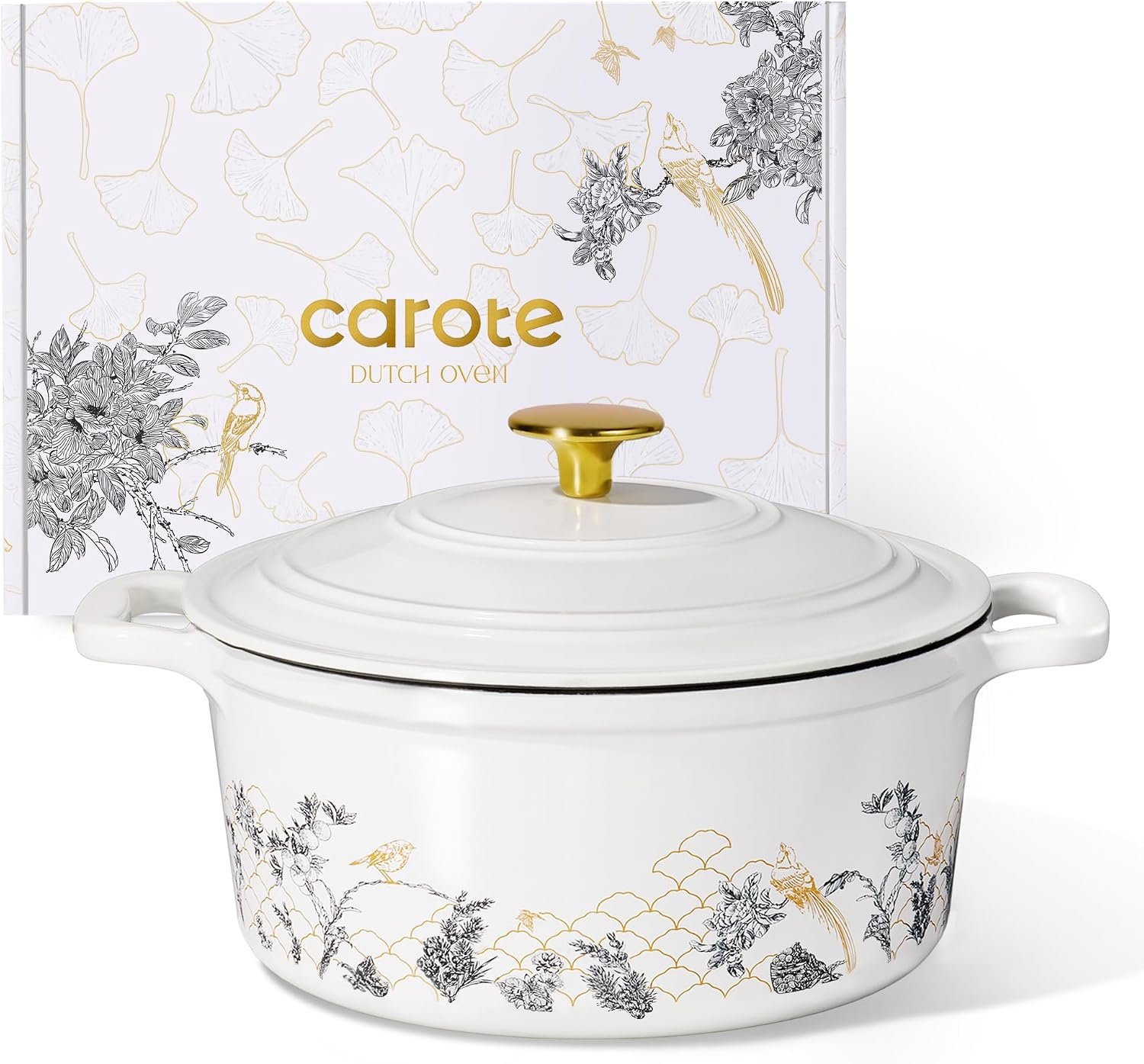 CAROTE Cast Iron Dutch Oven Pot with Lid, 5QT Enameled Floral Dutch Ovens with Gift Box, Cast Iron Pot for Sourdough Bread Baking, Braising, Stews, Roasting, All Stovetop Compatible, Oven Safe, White