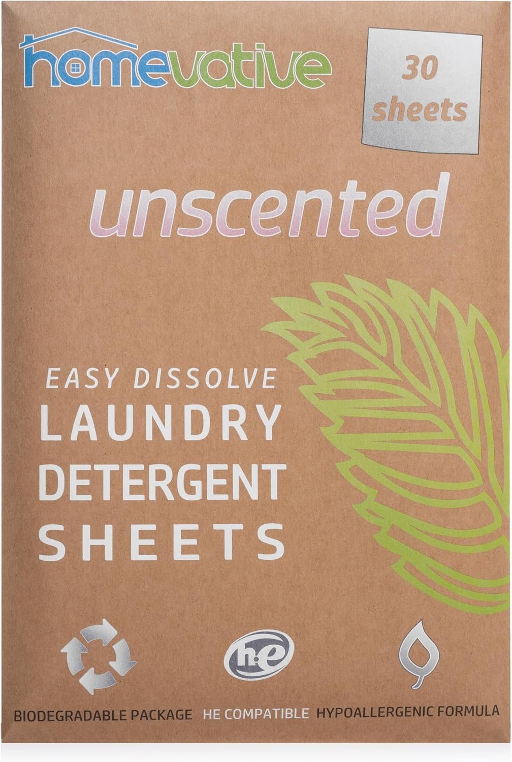 Homevative Laundry Detergent Sheets, Eco-Friendly, Unscented, 60 Loads