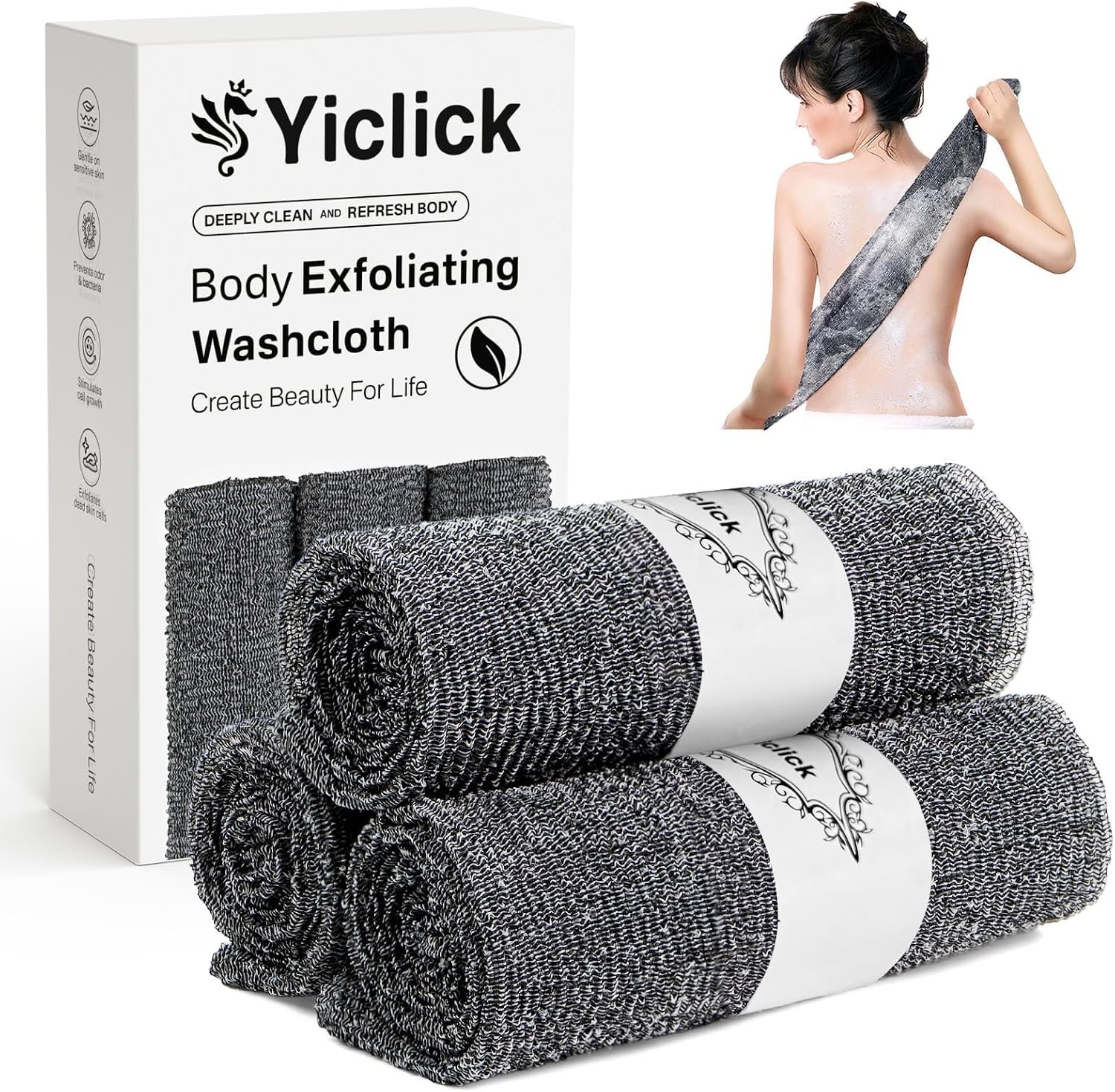 Yiclick Exfoliating Washcloth Towel, Japanese Exfoliating Wash Cloth, Korean Body Scrubber Exfoliator, Back Scrubber Washer for Shower Bath, Body Scrub African Net Sponge Loofah Luffa (Grey)