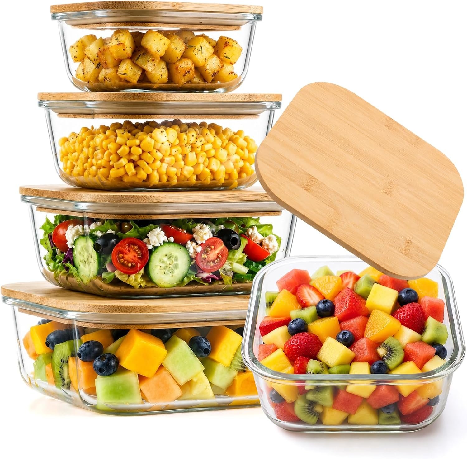 4 Pack 41/27/18/11 oz Glass Food Storage Containers with Bamboo Lids