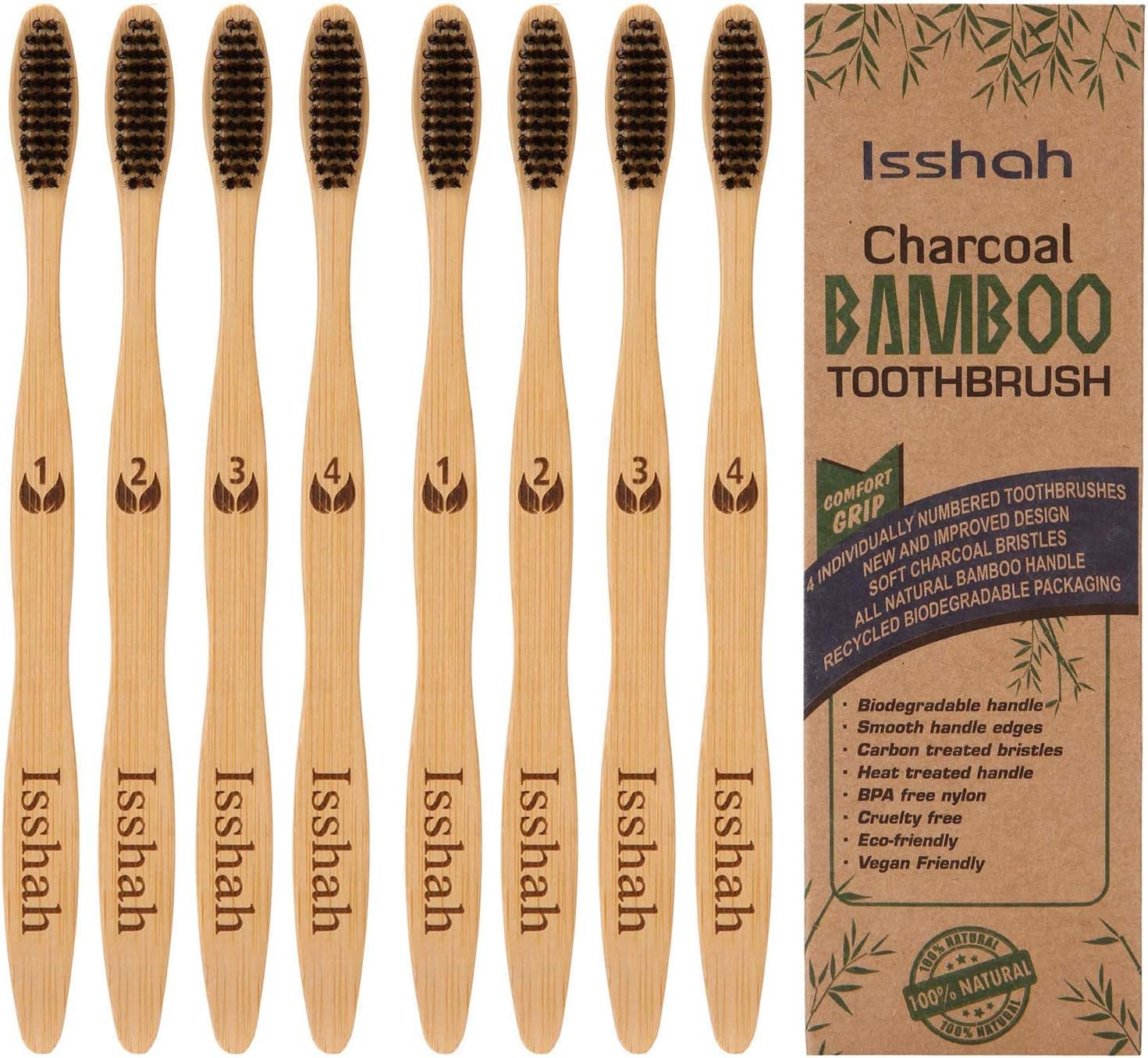 Isshah Biodegradable Bamboo Toothbrush – Compostable Eco-Friendly – 8 Pack