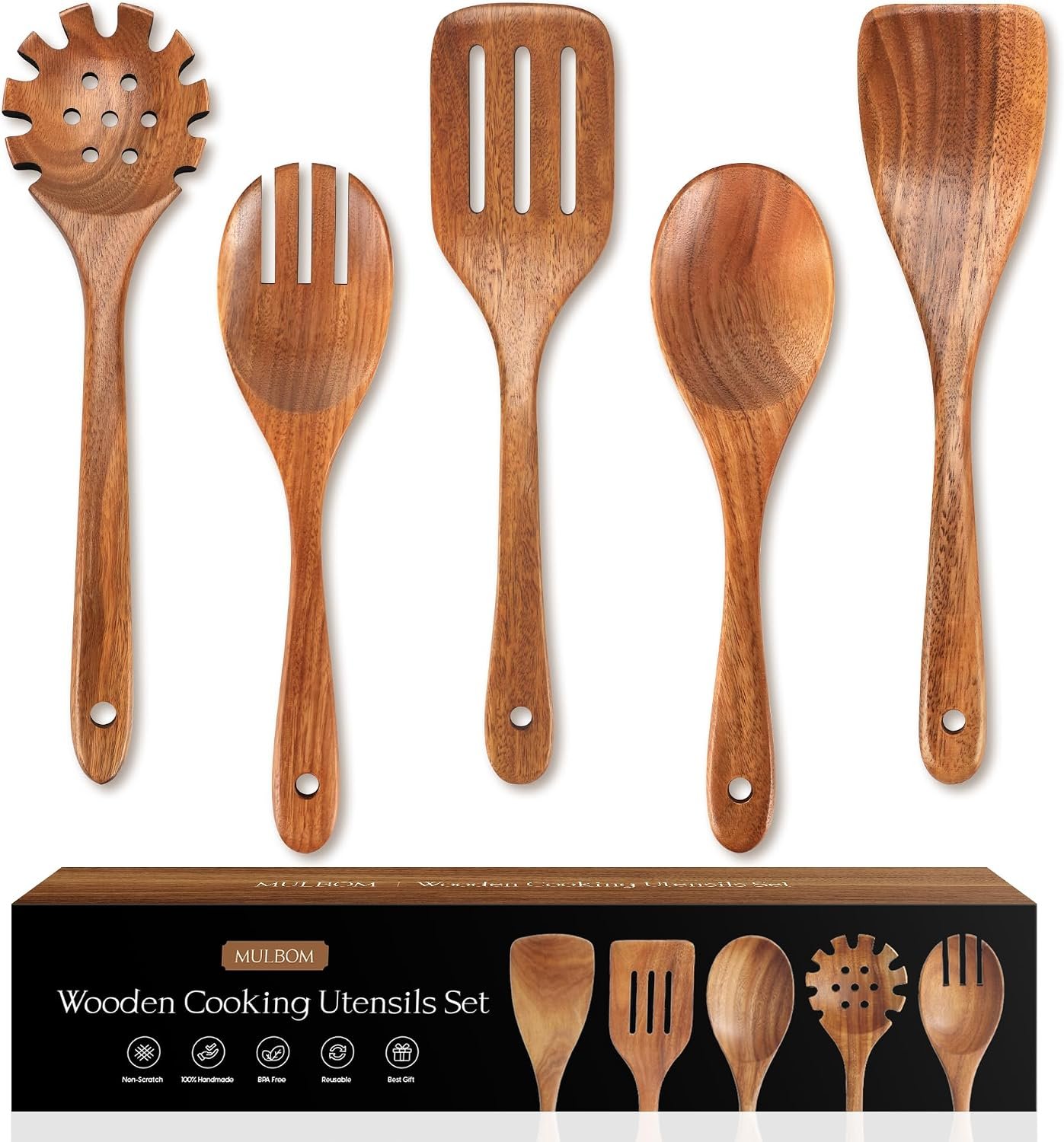 5 Pcs Acacia Wooden Spoons for Cooking Non-Stick Wooden Utensil Set