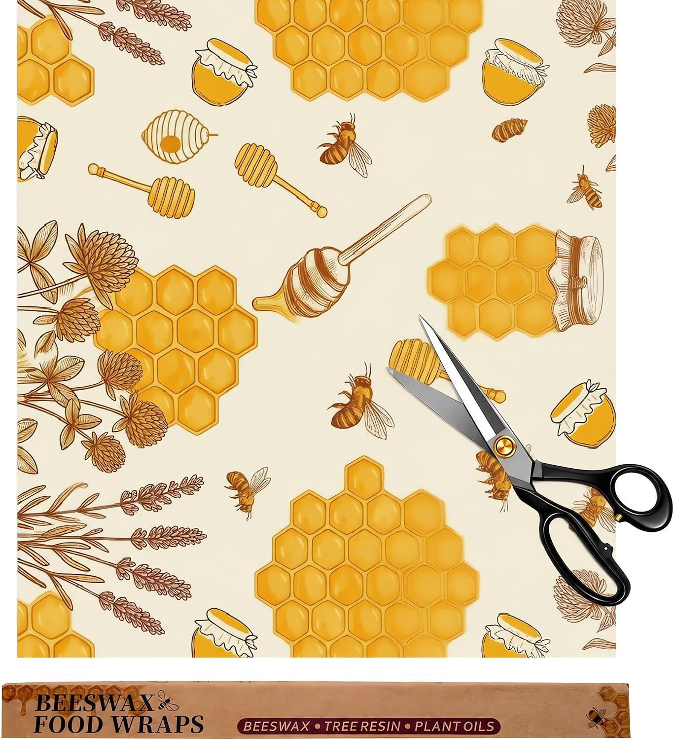 Reusable Beeswax Food Wrap, 14x53in-Organic Cotton, Bee Design