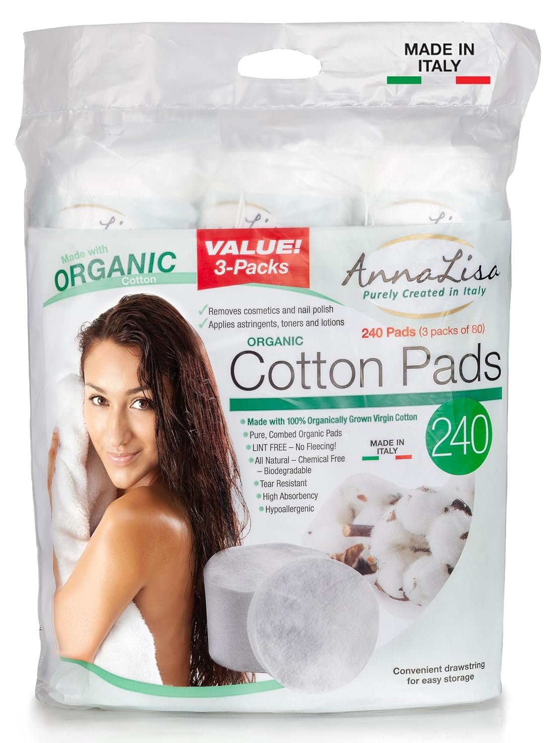 AnnaLisa 100% Pure ORGANIC Combed Cotton Pads for Makeup/Nail Polish Removal |240-Piece Italian Round Facial Cleansing| 3 Packs of 80 Hypoallergenic & Absorbing Cotton Rounds for Face closed ends
