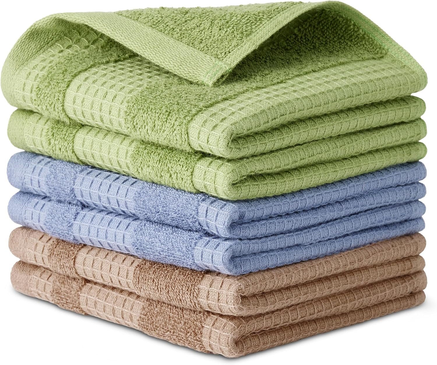 Amazon Basics Organic Cotton Waffle Kitchen Dish Cloths, Ultra Absorbent, Quick Drying, Lint-Free, 12 x 12 inches, 6-Pack (2 Brown, 2 Green, 2 Navy)