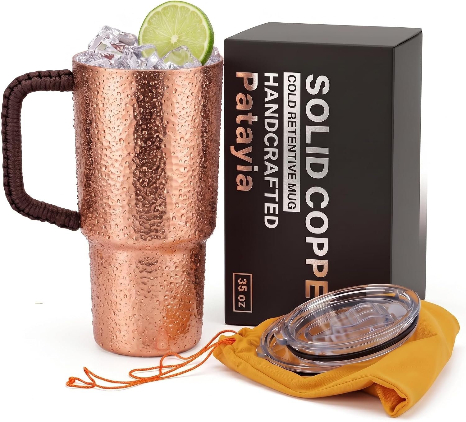 35oz Solid Copper Tumbler with Lid & Braided Handle