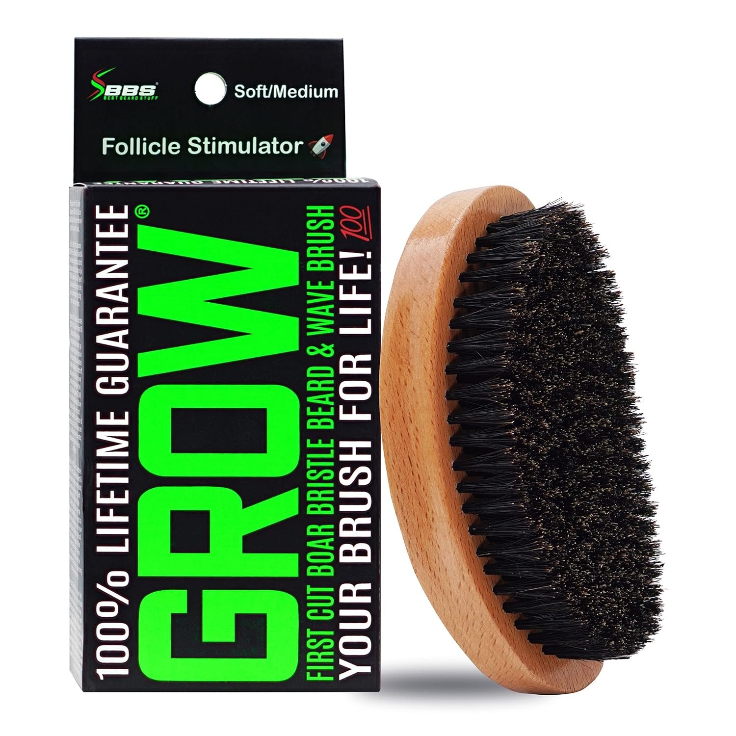 GROW Beard Brush & 360 Wave Brush for Men – Natural Boar Bristle For Fuller, Thicker Hair, Beard & Mustache – Premium Full-Size to Exfoliate, Strengthen Hair, Stimulate & Boost Growth