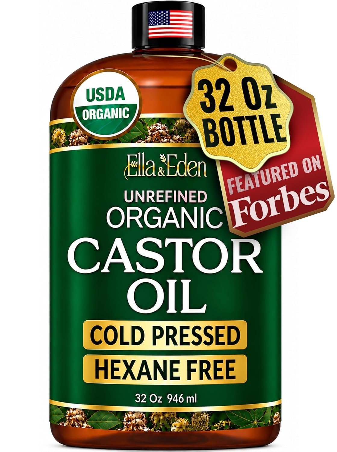 USDA Organic Castor Oil, 100% Pure Cold-Pressed Hexane-Free, 32 Fl Oz