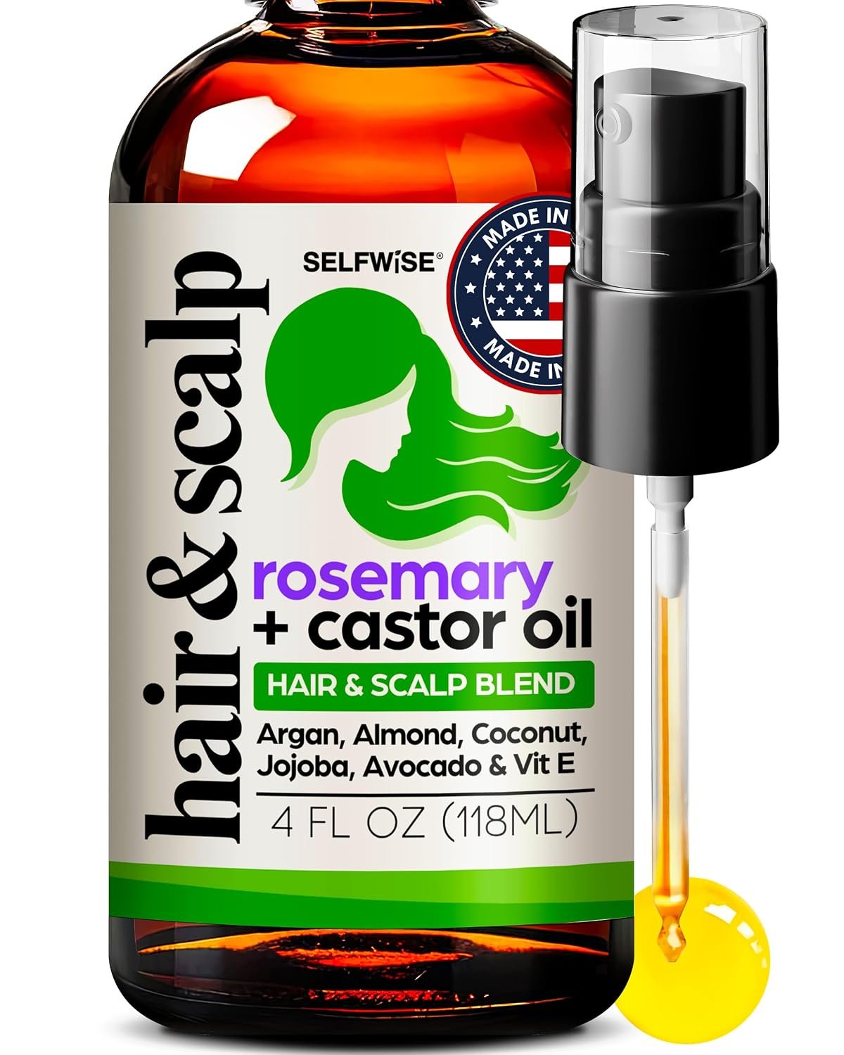 Organic Rosemary Oil For Hair Growth with Castor, Argan, Coconut, Almond, Jojoba, Avocado, Grapeseed, Vitamin E, Lavender & Peppermint for Hair & Scalp Treatment, All Hair Types, Men & Women 4oz