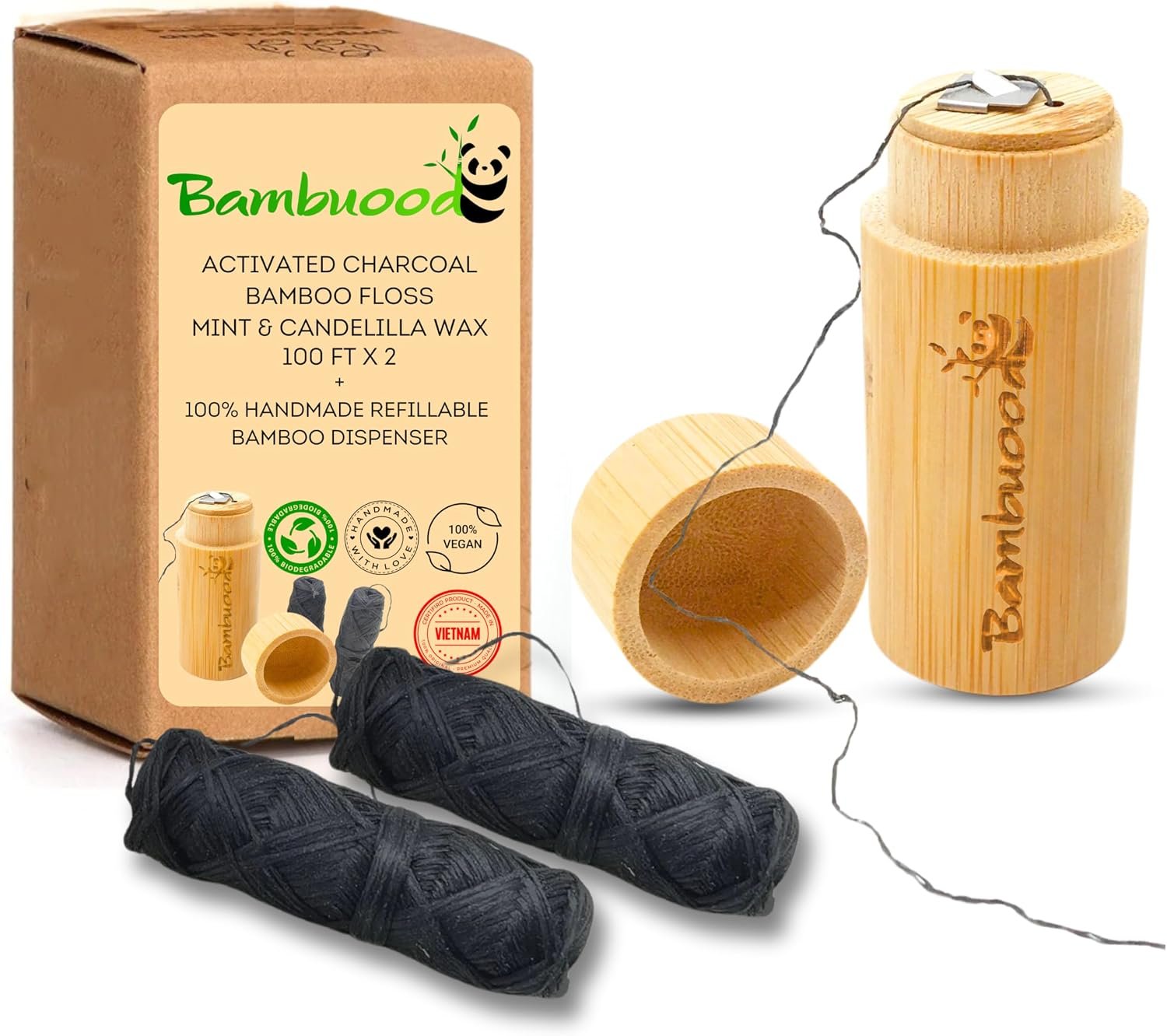 Vegan Biodegradable Activated Charcoal Bamboo Dental Floss. Candelilla Wax & Peppermint. Handmade Refillable Organic Bamboo Dispenser,. Zero Waste Oral Care (Dispenser +2 Refills)