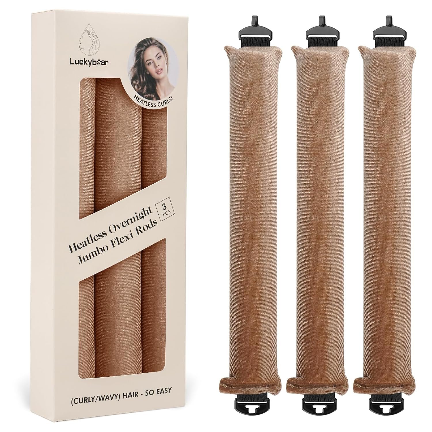 Luckybear Heatless Curls Overnight, Jumbo Curling Flexi Rods, 3Pcs Khaki