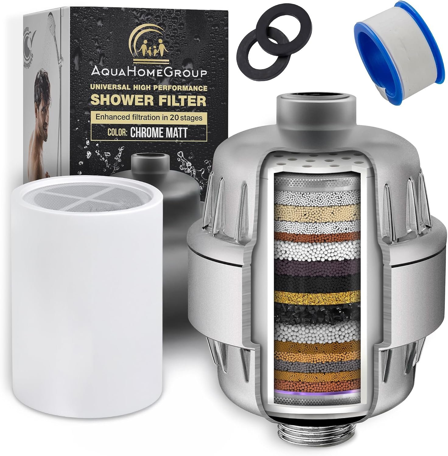 AquaHomeGroup 20-Stage Shower Filter, Vitamin C and E, Matte Chrome