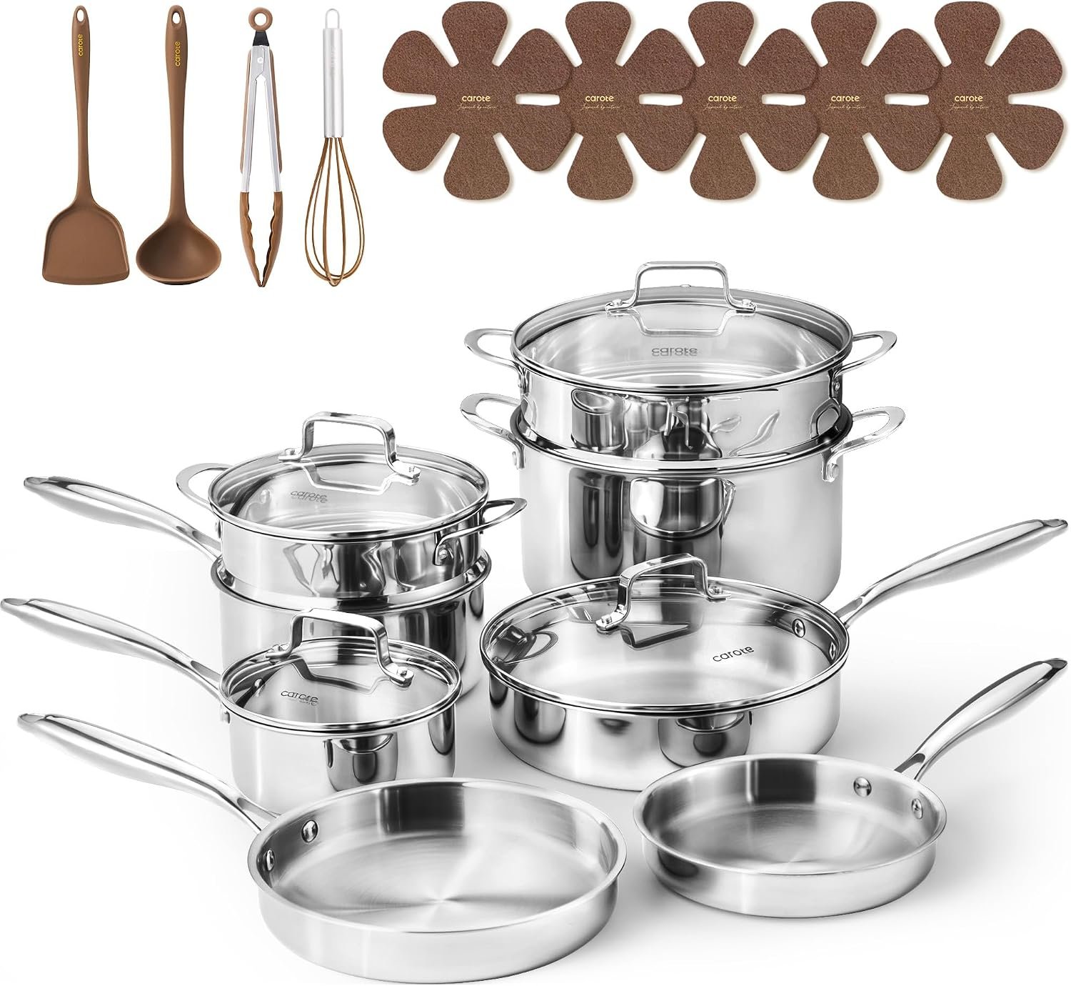 CAROTE 21 PCS Tri-Ply Stainless Steel Cookware Set Pots and Pans Set, Silver