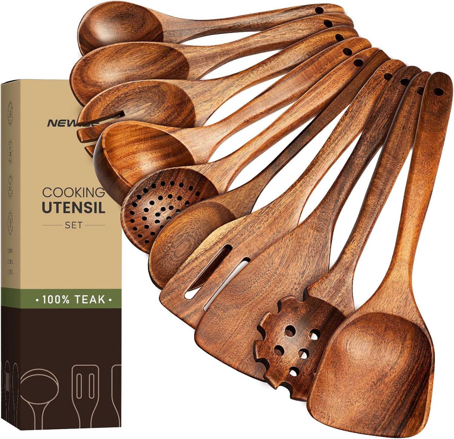Newise Wooden Utensil Set – 10 Pcs Teak Wooden Spoons for Cooking