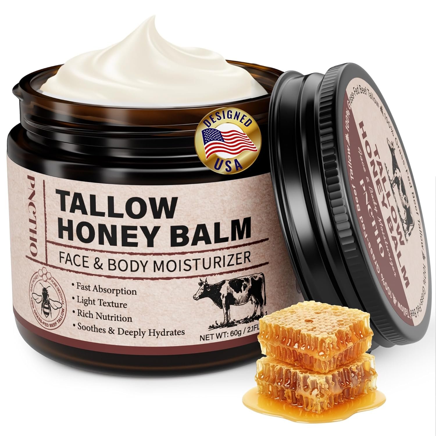 Beef Tallow for Skin, Tallow and Honey Balm with 100% Grass-Fed Beef Tallow & Raw Wild Honey, Natural Face & Body Moisturizer for Deep Hydration, Barrier Repair, Soothing Relief 2.1 OZ