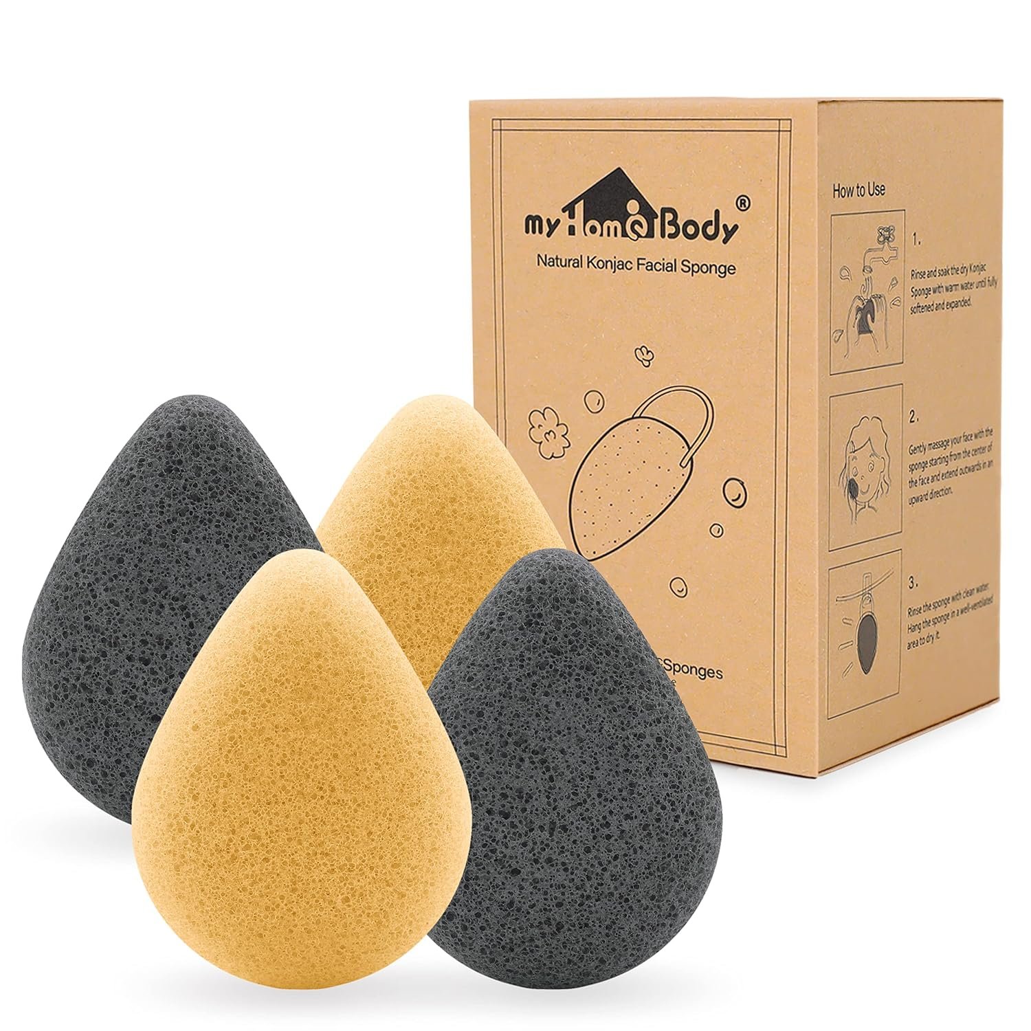 myHomeBody Natural Konjac Sponges, Teardrop, Turmeric Yellow, Charcoal Gray