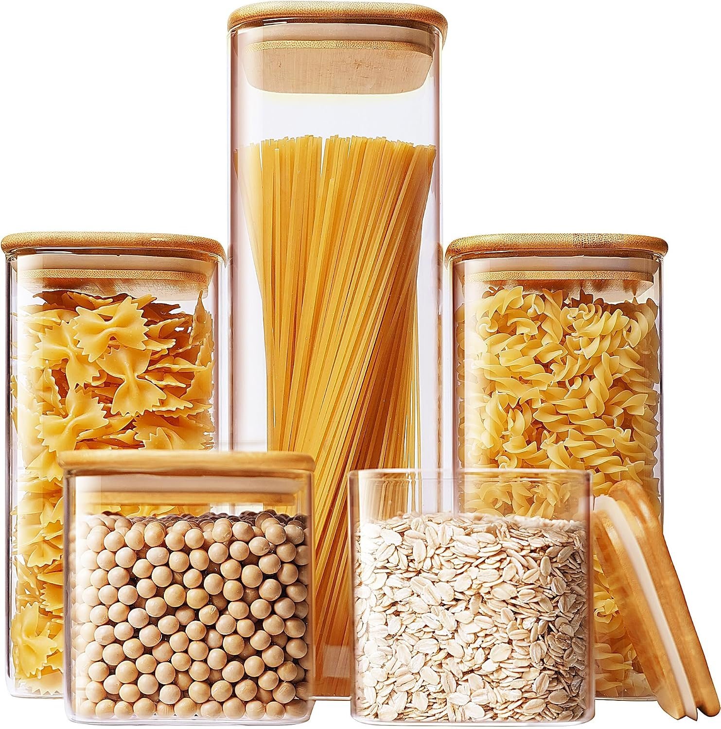 HomArtist Square Glass Jars with Bamboo Lids [Muti Size Set of 5], Glass Canisters with Airtight Lids, Glass Food Storage Containers for Pasta, Cereal, Flour, Sugar, Best for Kitchen & Pantry