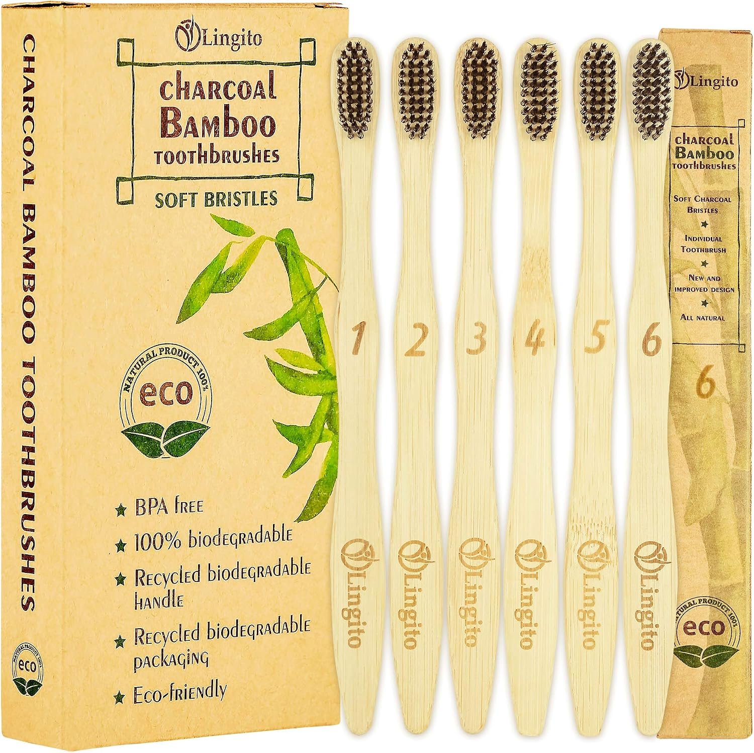 Lingito 6-Pack Natural Charcoal Bamboo Toothbrushes | BPA Free Soft Bristles | Compostable, Eco Friendly, Natural, Organic & Vegan Toothbrush Pack | Individually Packaged & Numbered Active Brushes