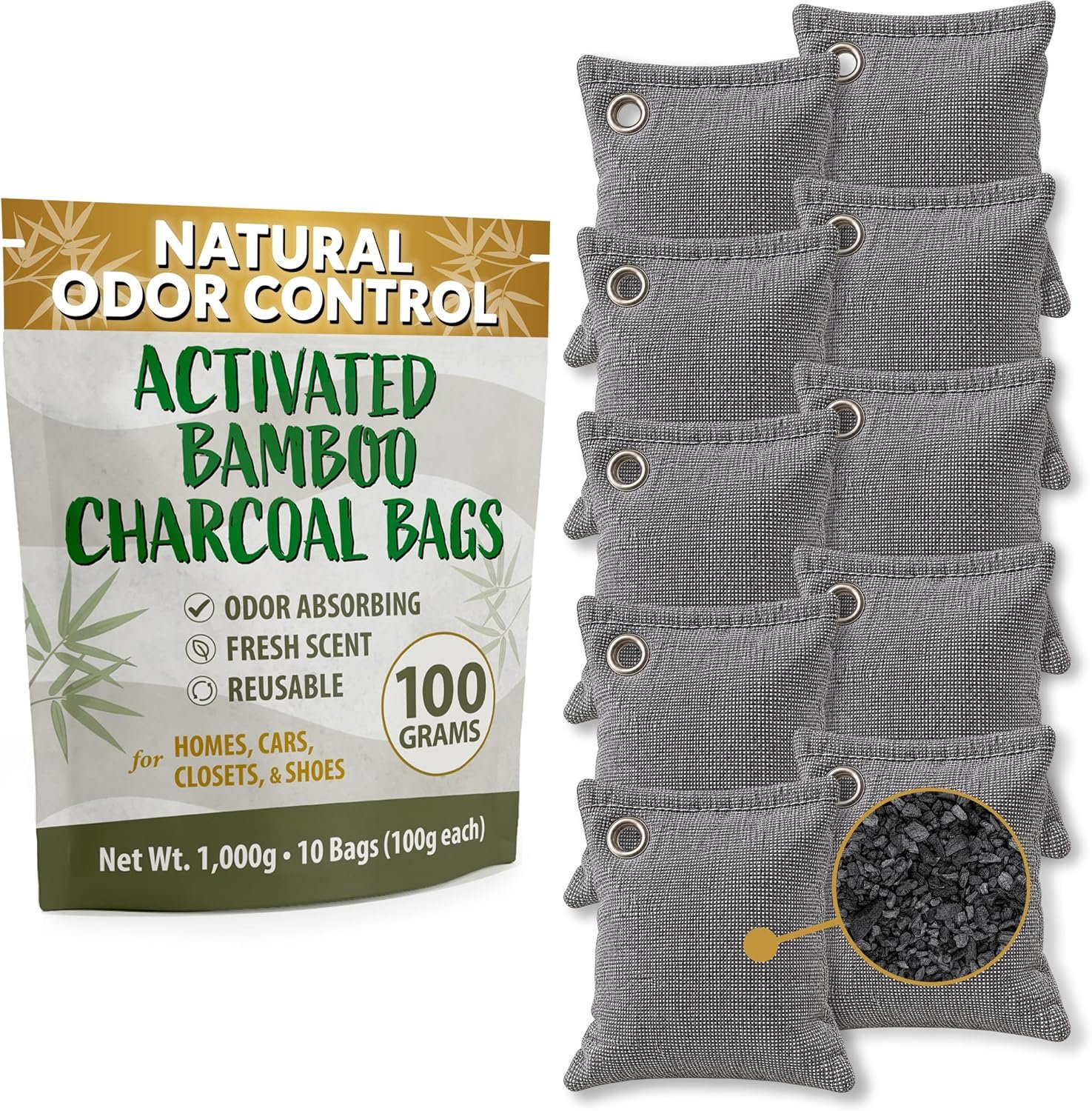 Activated Charcoal Odor Absorbers for Strong Odors in Homes, Cars, & Shoes – Reusable Moisture Absorbers – Sustainable Odor Absorbers – Room Air Freshener – 10 Activated Bamboo Charcoal Bags (100g)