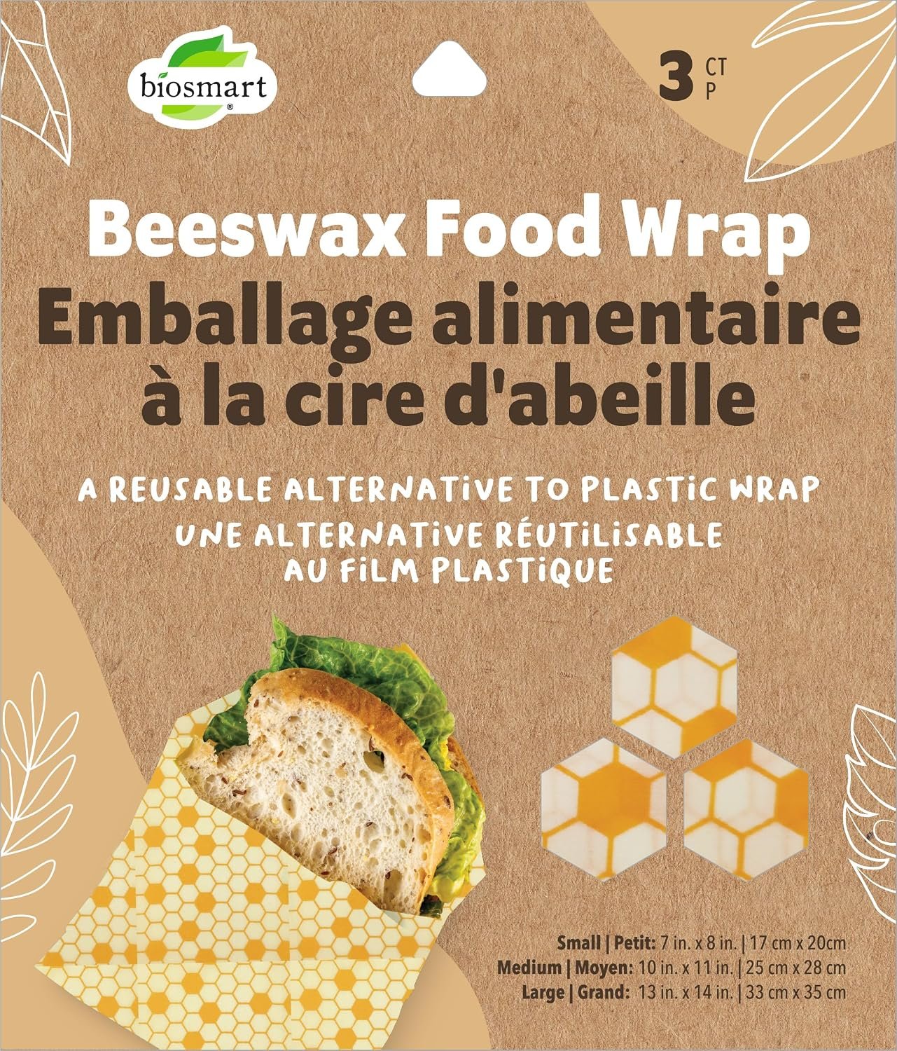 Beeswax Food Wrap, Reusable Plastic Wrap Alternative, 3 Sizes, Cotton and Beeswax, Small/Medium/Large