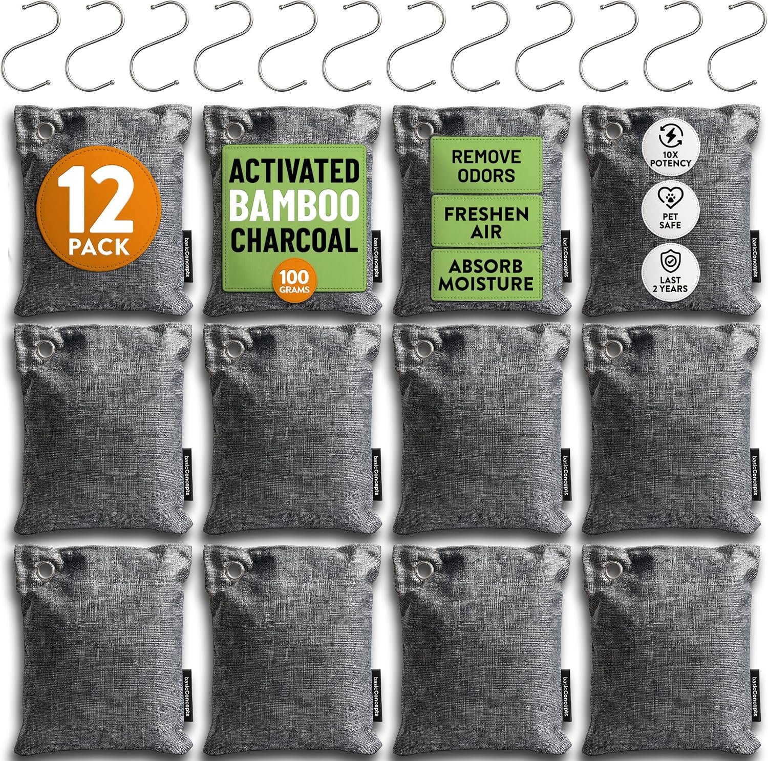 Nature Fresh Bamboo Charcoal Air Purifying Bags (12 Pack), Charcoal Bags Odor Absorber for Home and Car (Pet Friendly) – Charcoal Air Purifying Bags (12 x 200g)